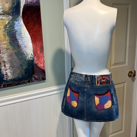 Dolce & Gabbana Distressed Denim Mini Skirt Colorful Sweater Knit Patches 90s - Picture 13 of 15